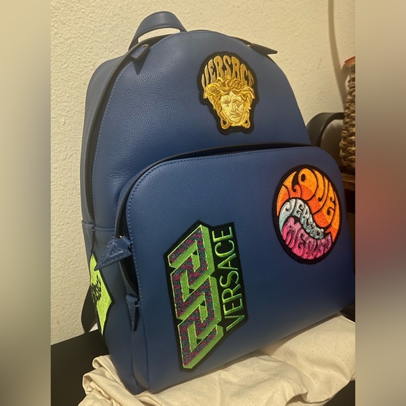 Versace Medusa Blue Patch Backpack; Embellished Leather main image 12